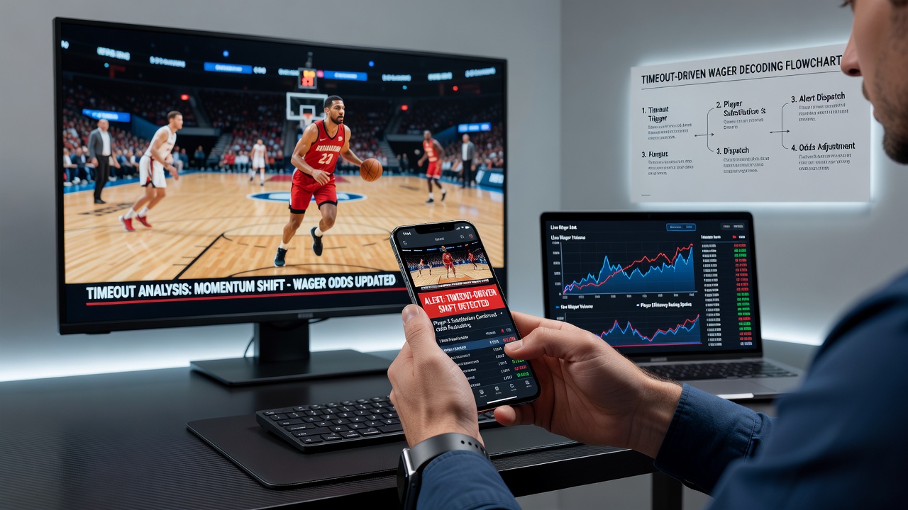 Basketball arena view with overlaid graphics illustrating player rotation changes during a timeout break