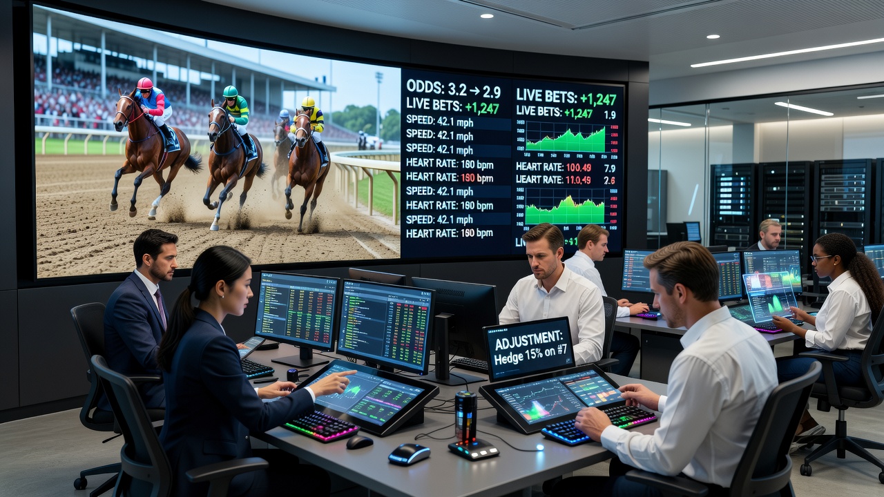 Race officials and data analysts monitoring track conditions and betting activity at a major horse racing venue